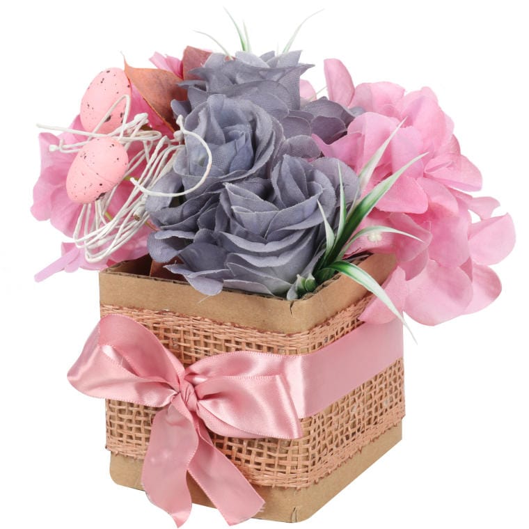 FBW-MINI-16C Różowy Stroik Wielkanocny Flower Box z Jajeczkami i Kwiatami Sztucznymi - obrazek 1