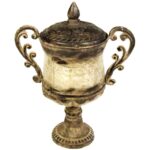 Efektowna Urna Dekoracyjna z Metaloplastyki w Kolorze Kremowo-Brązowym 32x28 cm z Uszami i Pokrywką