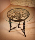 Składany Stolik Okrągły z Metaloplastyki ze Szklanym Blatem, Średnica 73cm - obrazek 2