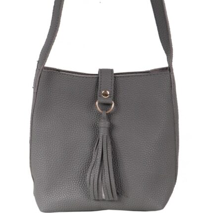 Elegancka Torebka Wieczorowa Ciemno Szara z Frędzelkami i Złotymi Akcentami