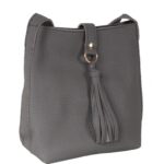 Elegancka Torebka Wieczorowa Ciemno Szara z Frędzelkami i Złotymi Akcentami - obrazek 2