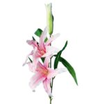 Dekoracyjna gałązka lilii z dwoma kwiatami i pąkiem, kolor jasno różowy, 74 cm - obrazek 2