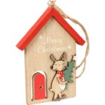 Drewniana Zawieszka Świąteczna - Domek z Reniferem w Kolorze Czerwonym - obrazek 2