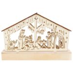 Szopka Bożonarodzeniowa z Drewna z Ciepłym Podświetleniem LED, Kolor Kremowy, Zasilanie Bateryjne.