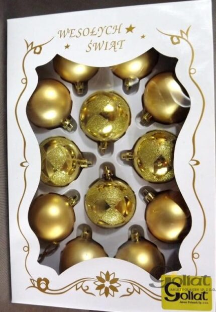 Komplet 12 bombek plastikowych złotych w kratę