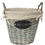 Koszyk Wiklinowy z Uchwytami, Wkładem Lnianym i Dekoracyjnym Napisem WELCOME Szary