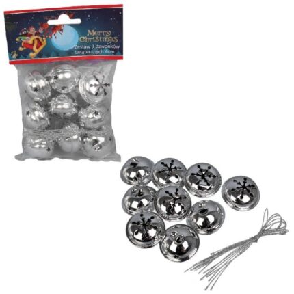 Zestaw 9 Srebrnych Dzwonków na Choinkę - Świąteczne Dekoracje Bożonarodzeniowe