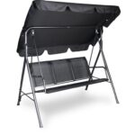 Trzyosobowa Huśtawka Ogrodowa z Regulowanym Dachem i Wytrzymałą Siatką Textilene, Kolor Czarny