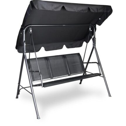 Trzyosobowa Huśtawka Ogrodowa z Regulowanym Dachem i Wytrzymałą Siatką Textilene, Kolor Czarny