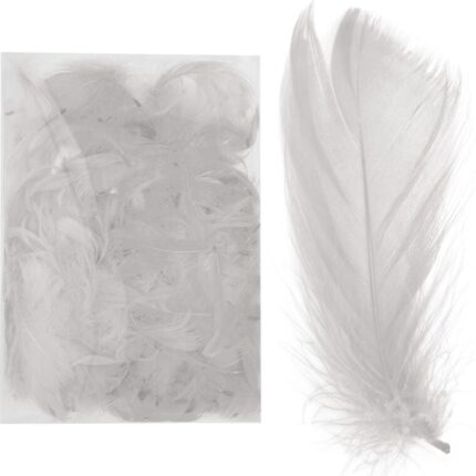 Wyselekcjonowane białe piórka do dekoracji w boksie PVC