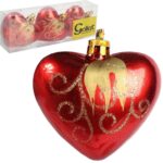 Zestaw 3 Czerwonych Bombek Plastikowych w Kształcie Serc z Brokatowym Dekorem, 7cm