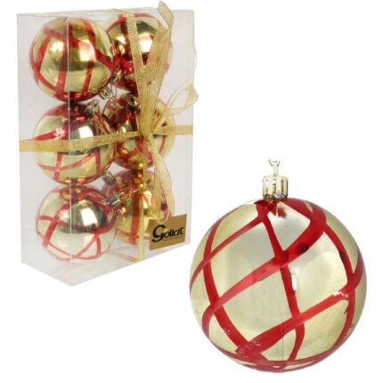 Zestaw 6 bombek plastikowych z malowanym dekorem 8 cm kolor złoty