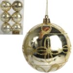 Zestaw 6 bombek plastikowych z dekorem 8 cm kolor złoty