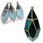 Zestaw 3 plastikowych bombek w kształcie diamentów w odcieniu turkusowym z złotym brokatem, 13 cm