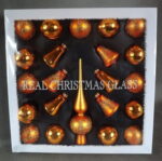 Komplet 21 Pomarańczowych Bombek Szklanych z Dekoracją: 15 Bombek, 4 Dzwonki i Czubek