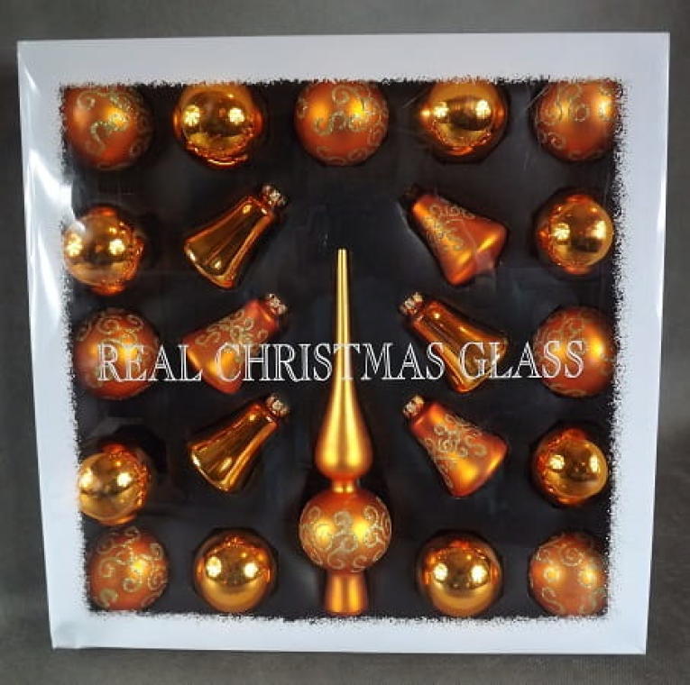 JNG0099PO Komplet 21 Pomarańczowych Bombek Szklanych z Dekoracją: 15 Bombek, 4 Dzwonki i Czubek - obrazek 1