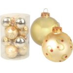 Komplet 12 bombek szklanych mix w kolorze złotym z dekorem