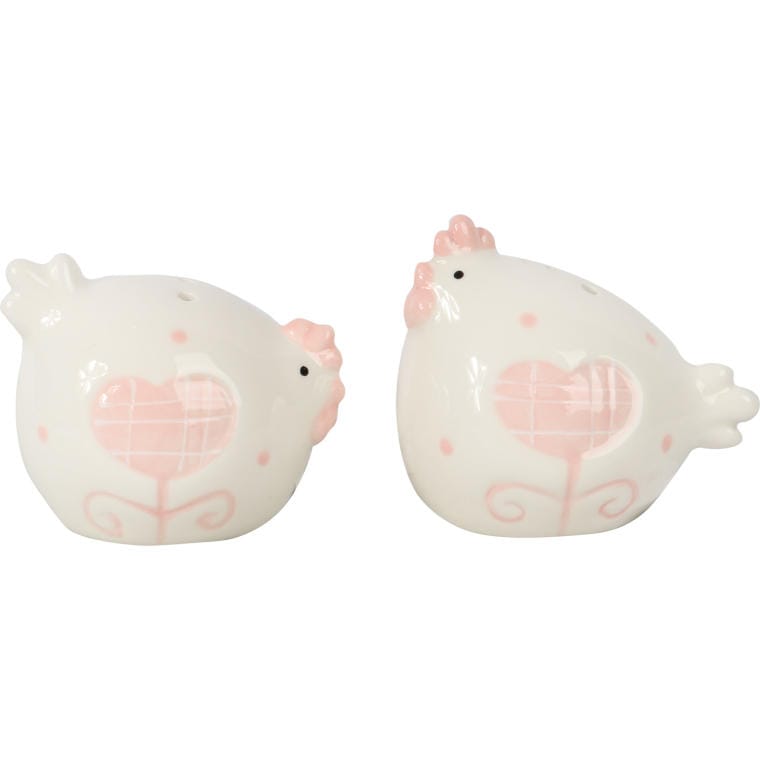 JY11342 Zestaw Ceramicznych Kurek na Sól i Pieprz w Kolorze Biało-Różowym - Dekoracja Wielkanocna - obrazek 1