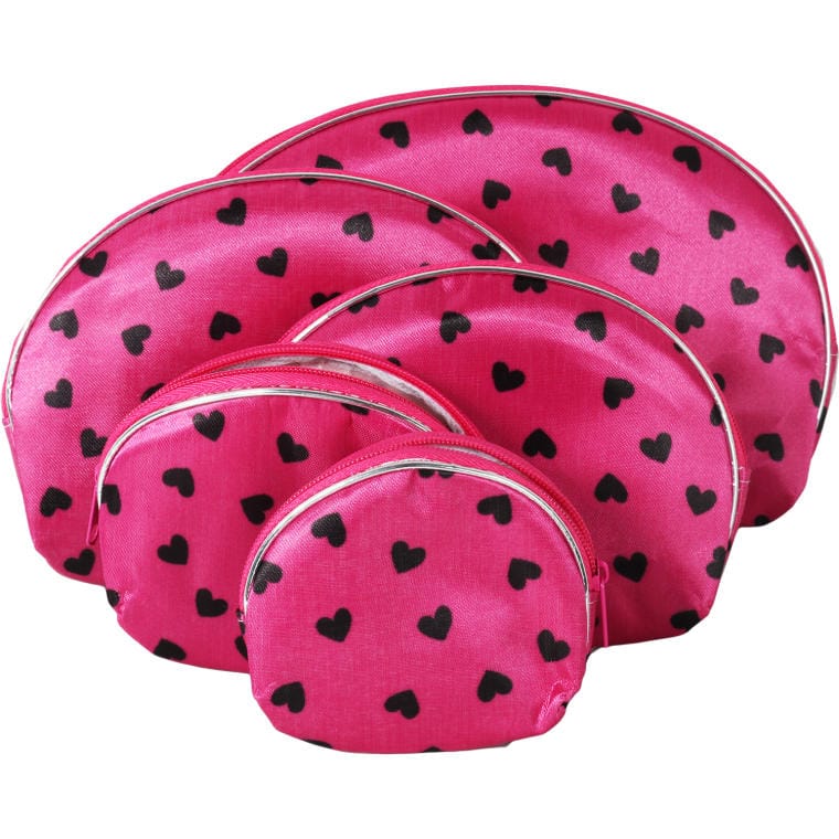 K-SET56 Zestaw 5 kosmetyczek w kolorze różowym w czarne serduszka - obrazek 1