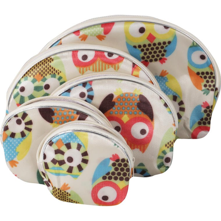 K-SET59 Zestaw 5 kosmetyczek w kolorze białym w kolorowe sowy - obrazek 1