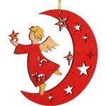 Czerwona Drewniana Zawieszka Świąteczna - Anioł na Księżycu - obrazek 2