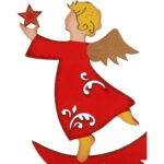 Czerwona Drewniana Zawieszka Świąteczna - Anioł na Księżycu - obrazek 3