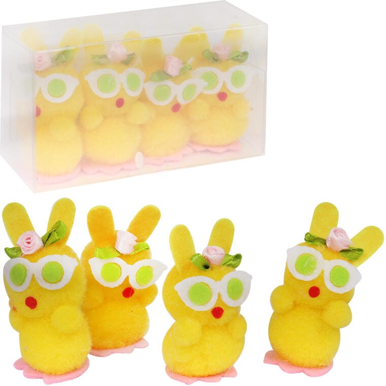 KB2017 Zestaw Zajączków w Okularach z Kwiatkami 4 Sztuki 6cm Wielkanocne Ozdoby Żółte - obrazek 1