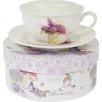 Komplet ceramiczny filiżanka z talerzykiem z bzem w wazonie w prezentowym kartoniku