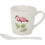 Zestaw prezentowy kubek i łyżeczka ceramiczna we flamingi z liśćmi - obrazek 2