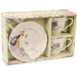 Zestaw 2 filiżanek i 2 talerzyków ceramicznych z kwiatami w wazonie w prezentowym opakowaniu