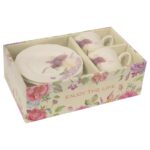 Zestaw 2 filiżanek i 2 talerzyków ceramicznych z bzem w prezentowym opakowaniu