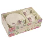 Zestaw 2 filiżanek i 2 talerzyków ceramicznych z fioletowym wazonem w prezentowym opakowaniu