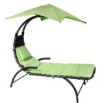 Leżak ogrodowy zielony z poduszką zagłówkiem i parasolem