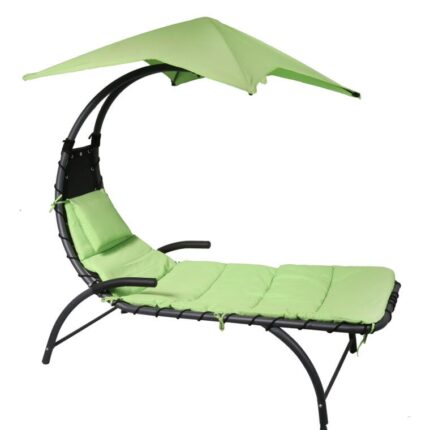 Leżak ogrodowy zielony z poduszką zagłówkiem i parasolem
