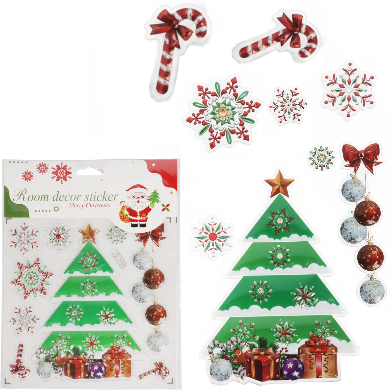 ME60105-1-1 NAKLEJKI ŚWIĄTECZNE NA OKNO 3D DEKORACJA OZDOBA CHOINKA+BOMBKI - obrazek 1