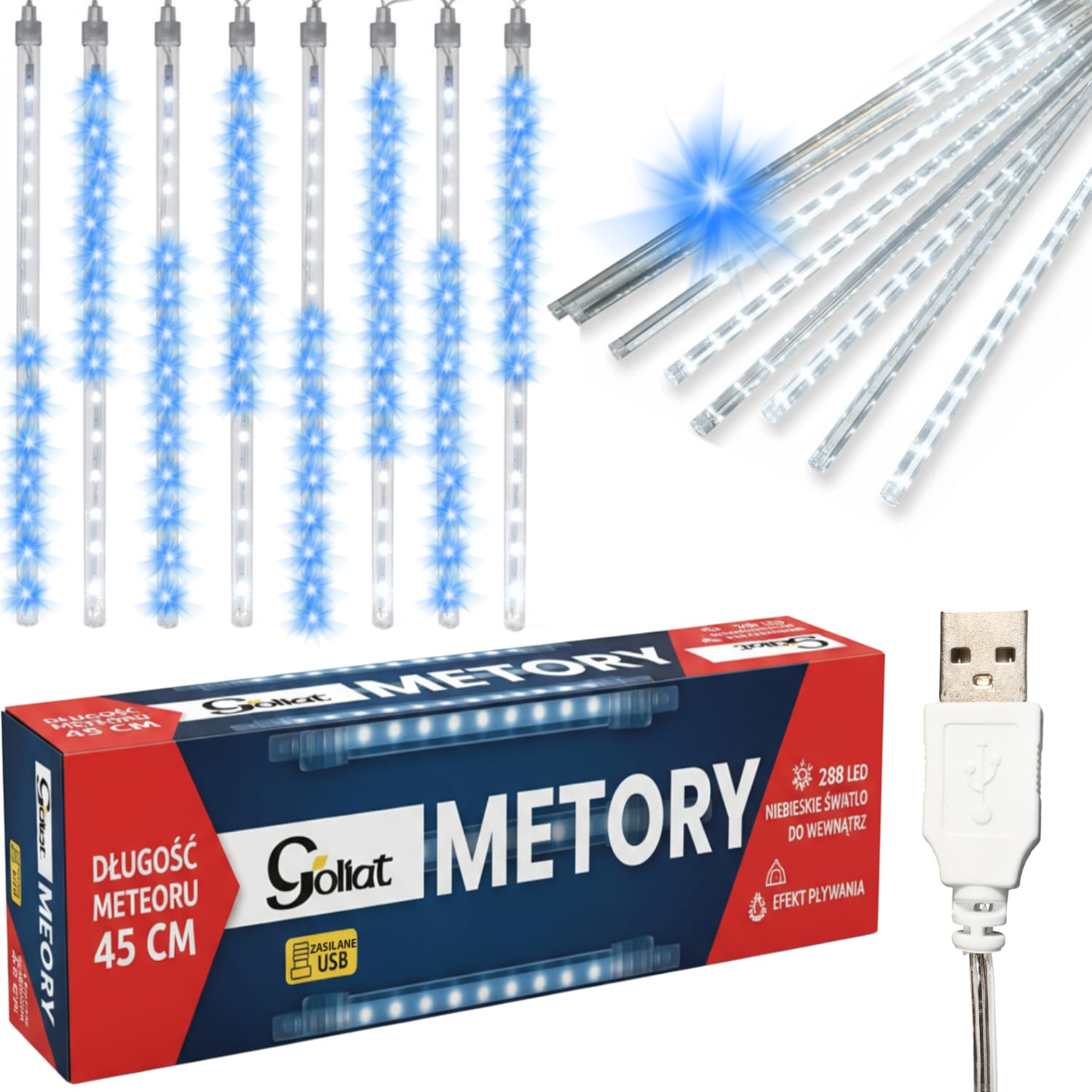 MU8-45-1 DESZCZ METEORÓW SOPLE LED LAMPKI SPADAJĄCY ŚNIEG 45CM NIEBIESKIE USB - obrazek 1