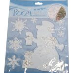 Naklejki Samoprzylepne z Bałwanem i Śnieżynkami w Kolorze Biało-Srebrnym o Wymiarach 24x18 cm [OZD-29]