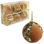 Zestaw 6 Aksamitnych, Złotych Bombek z Cekinami 7 cm - Bombki Plastikowe na Choinkę