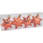 Komplet 4 pomarańczowych gwiazd, bombek gładkich, plastikowych o wysokości 7 cm