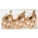 Zestaw 3 Złotych Bombek w Kształcie Kropli, 9 cm, z Brokatowym Dekorem - obrazek 2