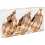 Zestaw 3 Złotych Bombek w Kształcie Kropli, 9 cm, z Brokatowym Dekorem - obrazek 3