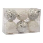 Komplet 6 Białych Bombek Plastikowych z Wytłaczanym Wzorem Romby - 3 Posrebrzane, 3 Brokatowe, Średnica 6 cm - obrazek 2