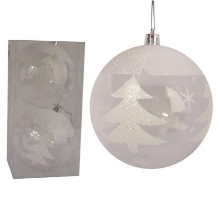 Komplet 2 Przeźroczystych Bombek z Białą Dekoracją, 10cm