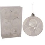 Komplet 6 bombek plastikowych, przezroczystych z białym dekorem