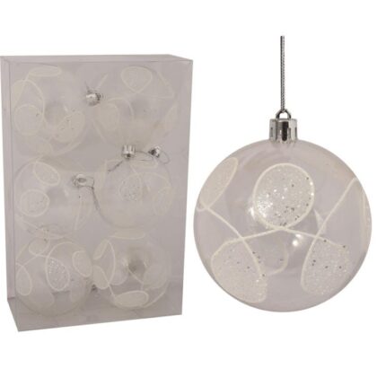 Komplet 6 bombek plastikowych, przezroczystych z białym dekorem