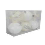 Komplet 6 Przeźroczystych Bombek Plastikowych z Białym Brokatem, 8 cm
