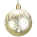 Zestaw 6 Kremowych Bombek Plastikowych 7 cm - Połyskujących i Matowych z Dekorem Brokatowym - obrazek 2