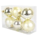Zestaw 6 Kremowych Bombek Plastikowych 7 cm - Połyskujących i Matowych z Dekorem Brokatowym