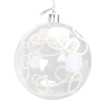 Zestaw 6 Przeźroczystych Bombek Plastikowych z Białym Brokatem, 8 cm