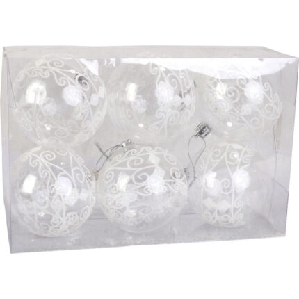 Zestaw 6 Nietłukących, Przezroczystych Bombek Dekorowanych Białym Brokatem 5cm